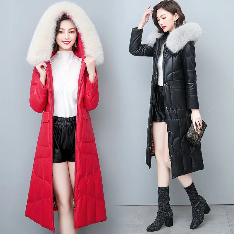 Genuine Leather Jacket Women's Down Jacket Elegant Mid-length Coat