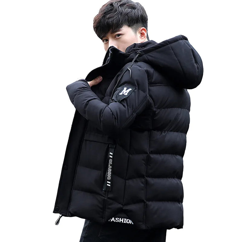 Fashion Men's Clothing Winter Hooded Warm Cotton Jacket Korean Style Youth Slim Fit Plus Velvet Thick Padded Coat Puffer Jackets