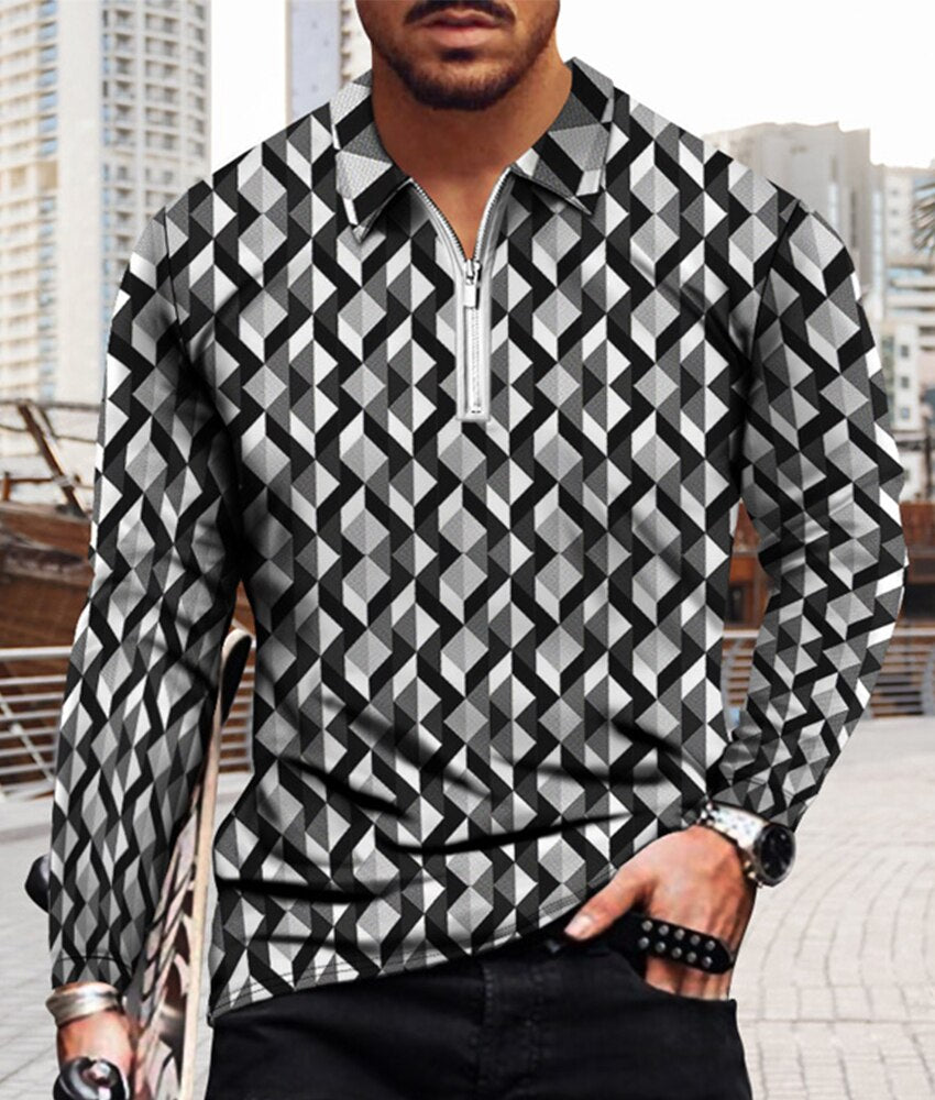 Men's Casual Long Sleeve Polo Shirts T-Shirt Men Tops Street Golf Clothing Geometric Print