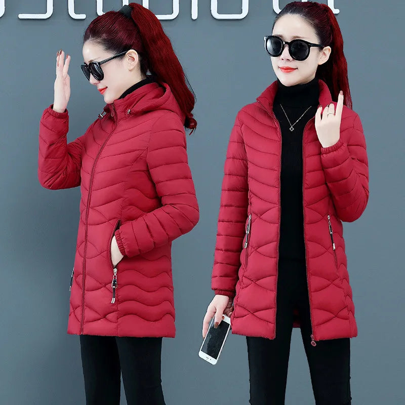 Autumn and Winter Women's Slim Fit Solid Color Hooded Down Cotton Coat for Women