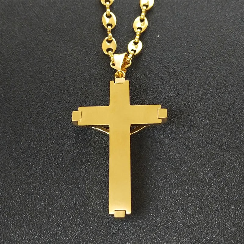 Jesus Cross Crucifix Pendant Necklace for Men Stainless Steel Gold Color Jewellery