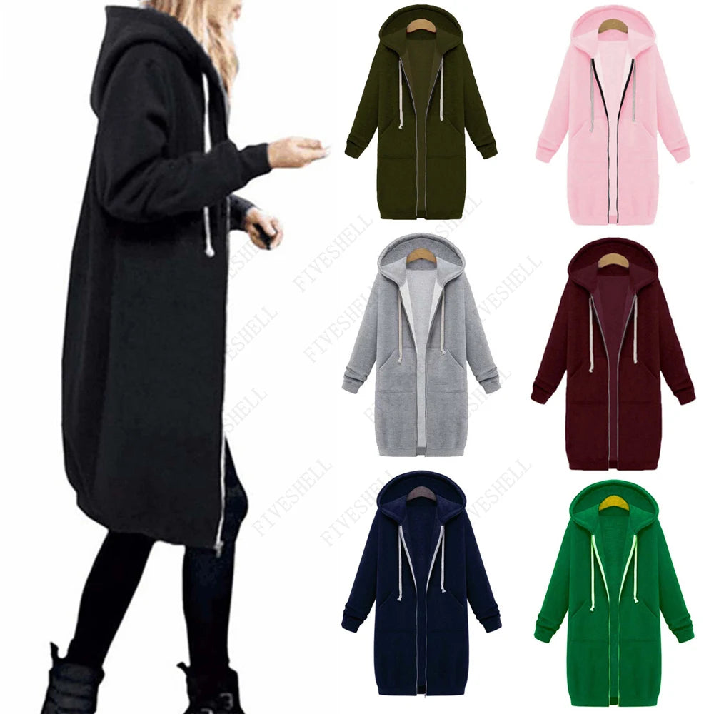 Autumn Winter Casual Women Long Hoodies Sweatshirt jackets with Pockets