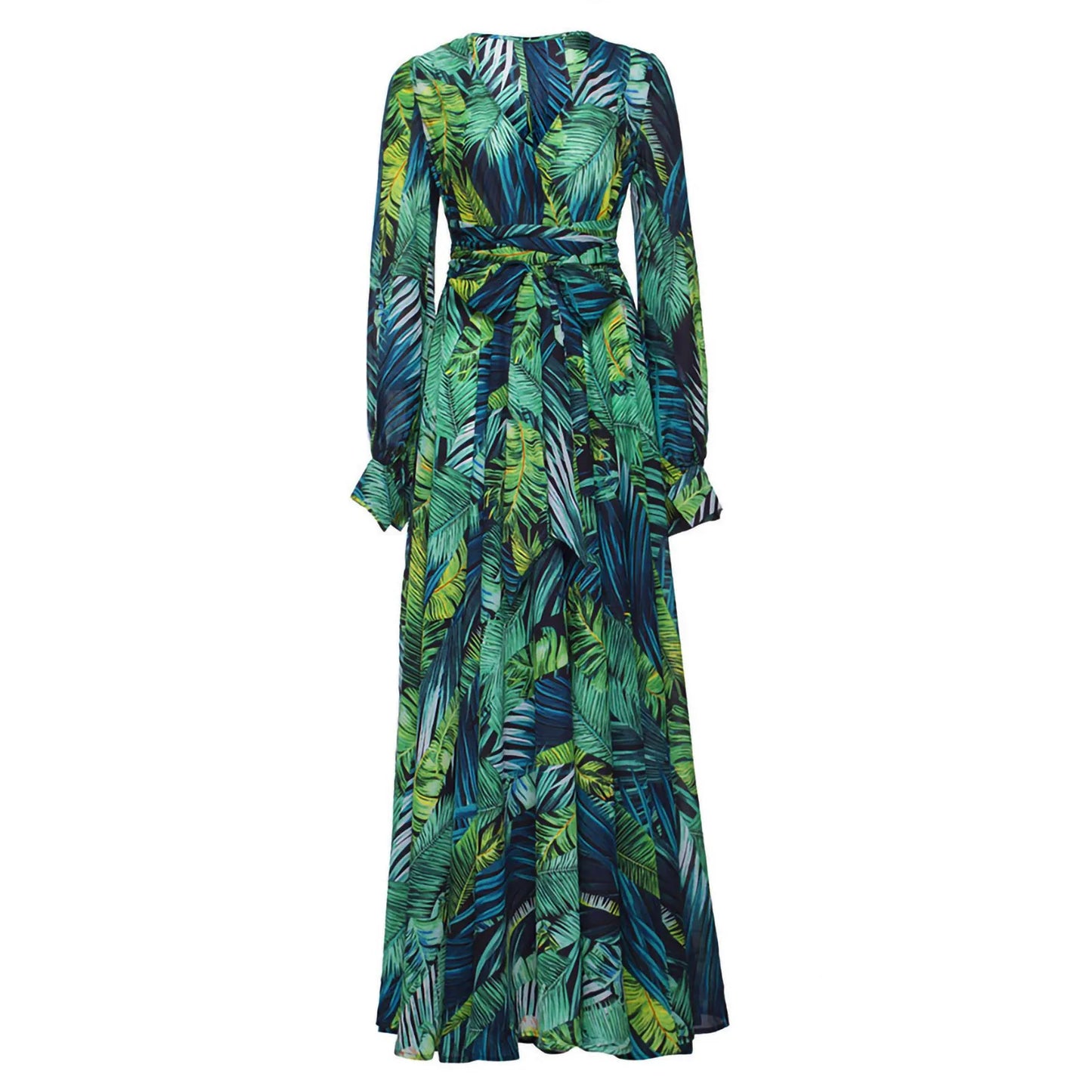 Women'S Temperament V-Neck Backless Summer Boho Green Leaf Print Maxi Dress