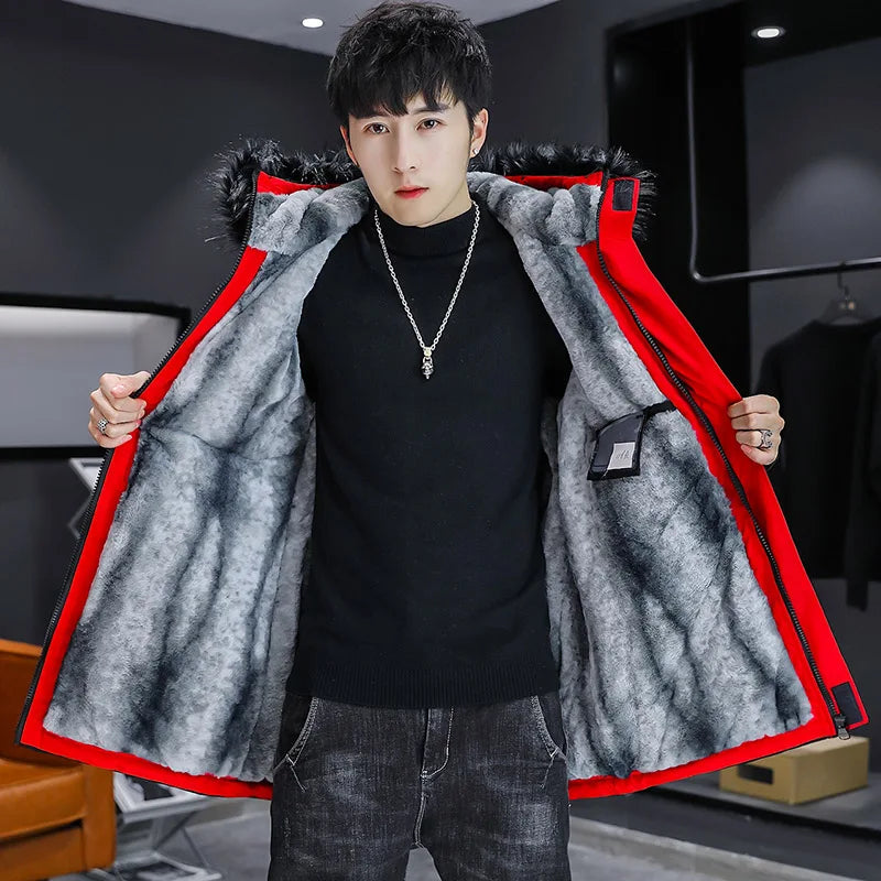 Autumn Winter New Men's Plush Thicken Windbreaker Streetwear Mid-Long Length Warm Fleece Jacket