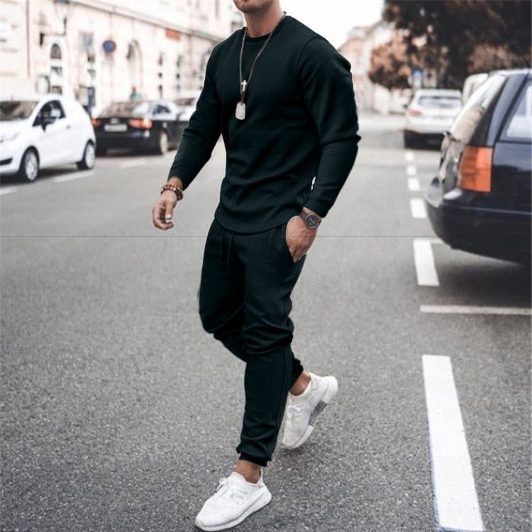 New Men's Tracksuit Casual Solid Sports Set Long Sleeved  2 Pieces Set Fashion Brand Jogger Fitness Sportswear