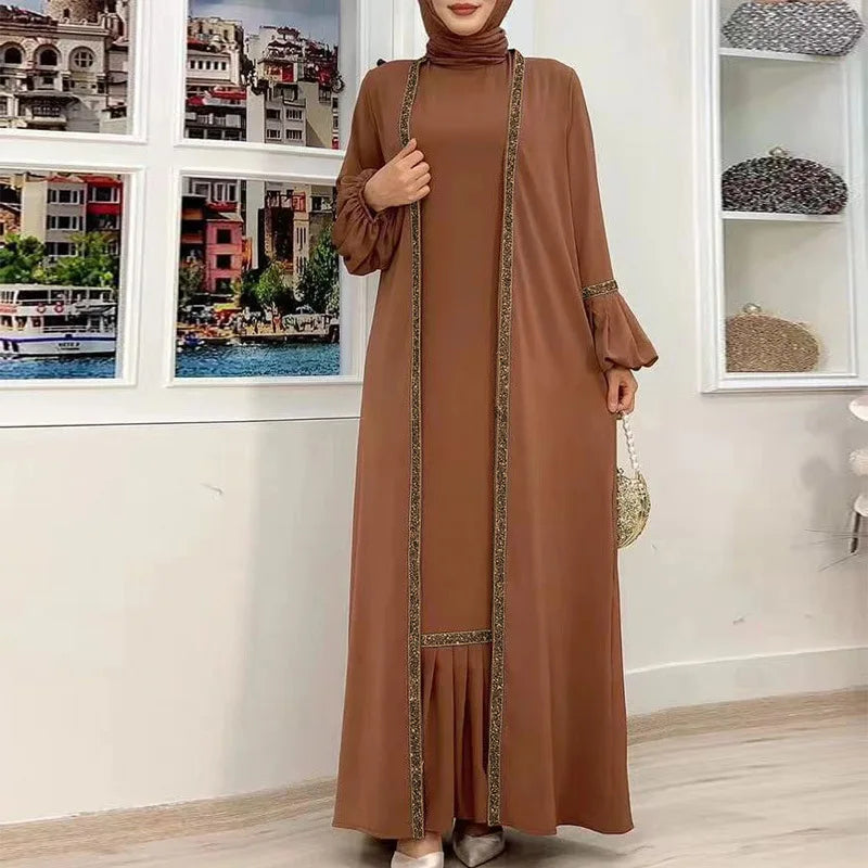 Muslim dress solid color abayas for women bead piece outside matching suit fashion formal dresses