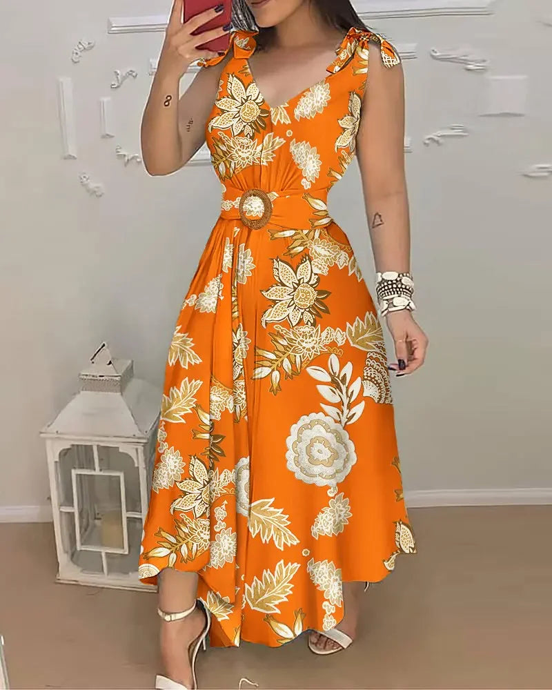 Summer Woman Casual V-Neck Floral Print Sleeveless Dress