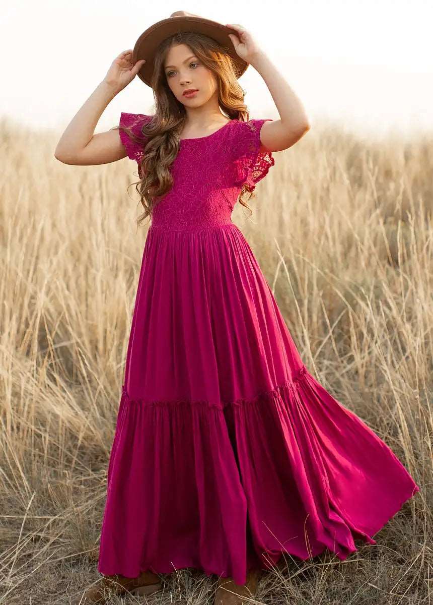 3-14 years Girls Lace Bohemia Long Dresses  Kids Flower Wedding Princess Party Dress