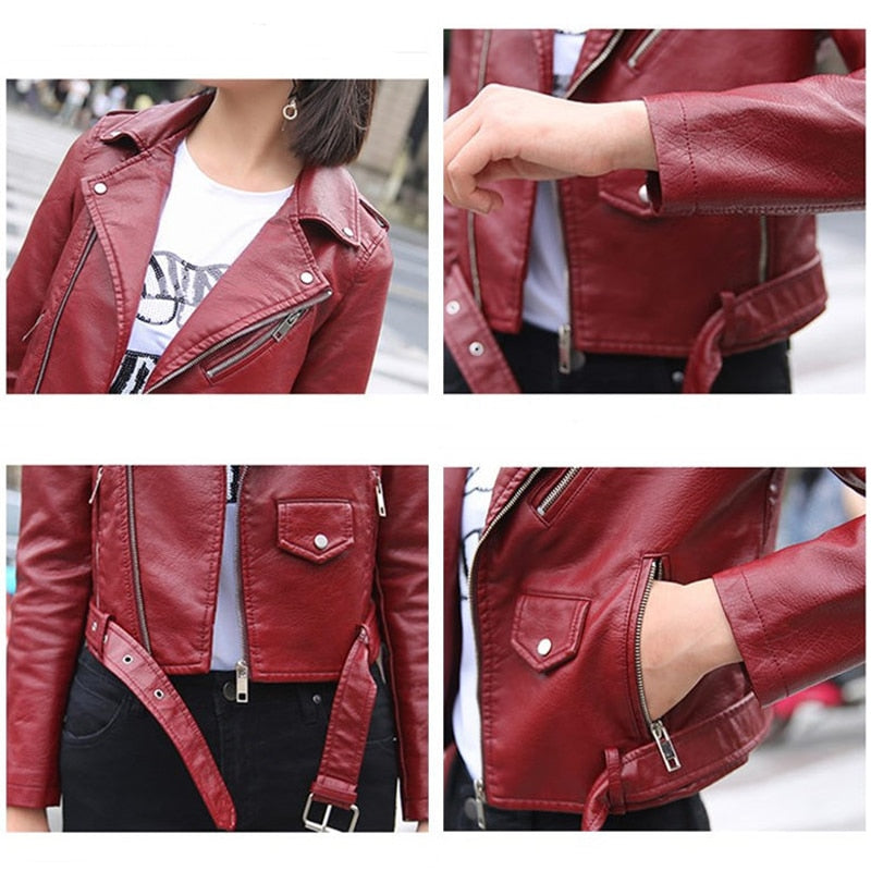 Leather Jacket Women Fashion Bright Colors Motorcycle Coat Short  Leather Biker Soft Jacket Woen