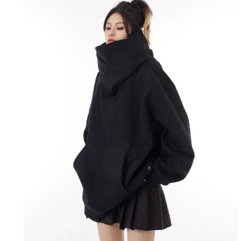 High Collar Hooded Sweatshirt American Style Coat Hiphop Streetwear Fleece Loose for men & women