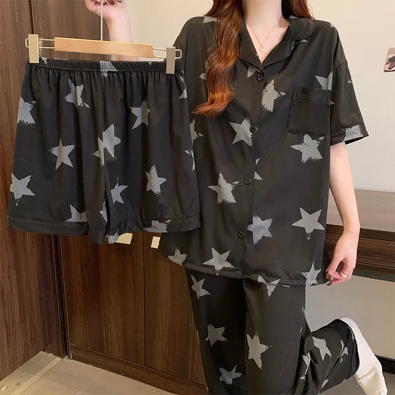 Spring Summer Women's Black Star Patterned Cotton-Like Short Sleeve Three-Piece Set Thin Home Clothes Sweet Cute Style Sleepwear