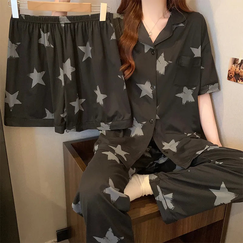 Spring Summer Women's Black Star Patterned Cotton-Like Short Sleeve Three-Piece Set Thin Home Clothes Sweet Cute Style Sleepwear