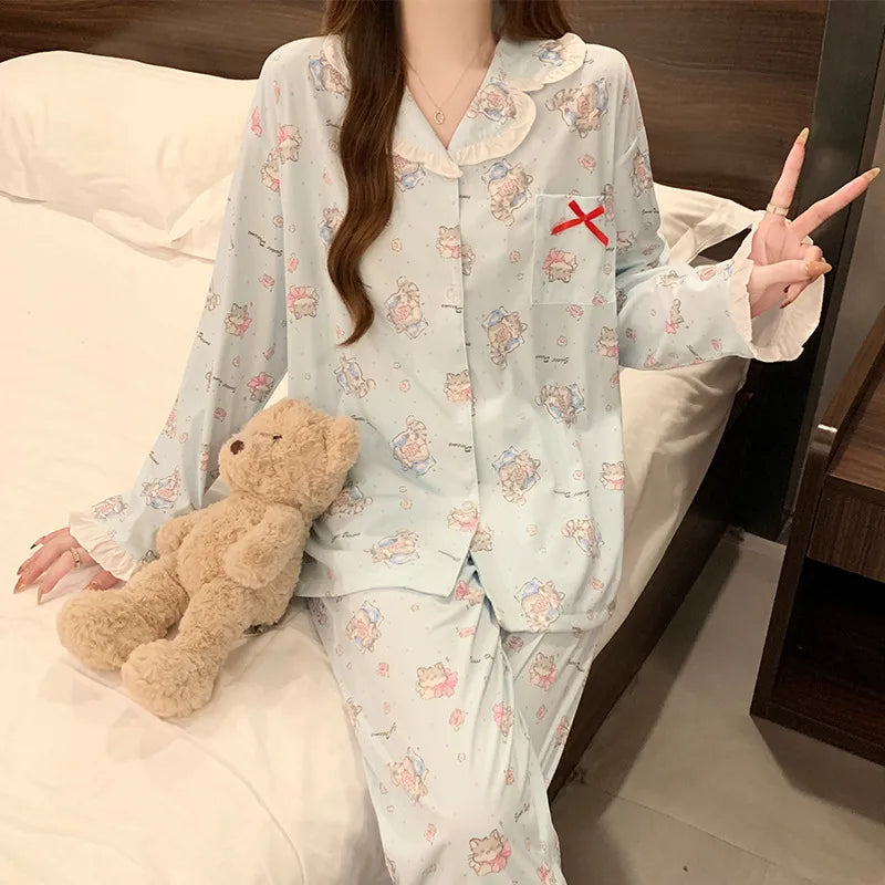 Women's Cotton-Like Sleepwear Long Sleeve Home Clothes Set With Butterfly Knot Spring Autumn Cartoon Style Casual Breathable