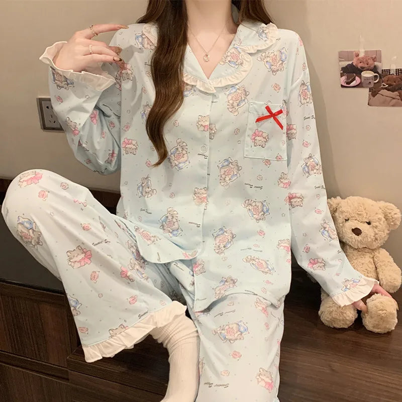 Women's Cotton-Like Sleepwear Long Sleeve Home Clothes Set With Butterfly Knot Spring Autumn Cartoon Style Casual Breathable