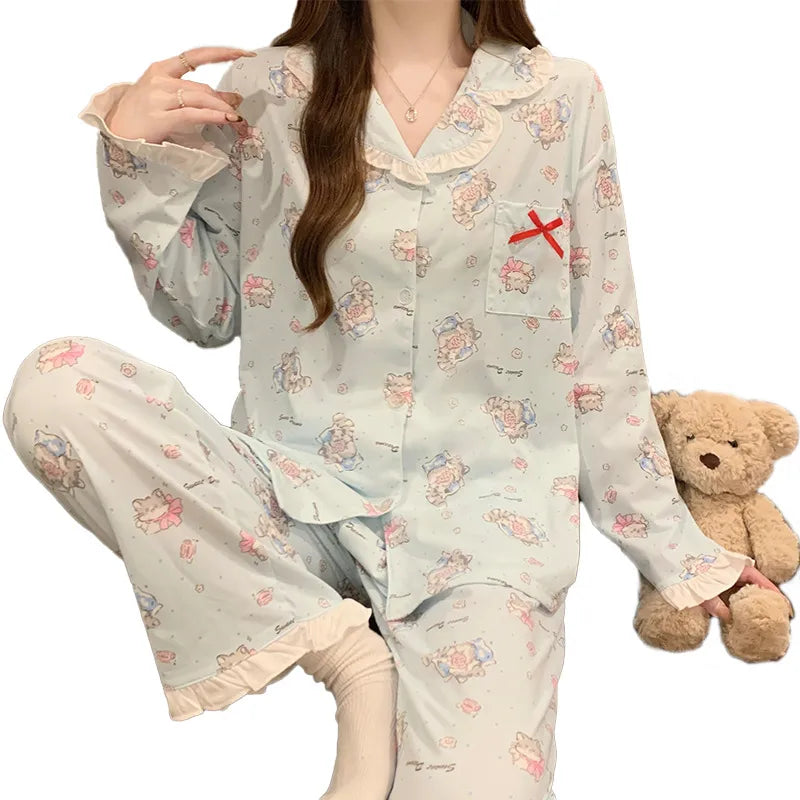 Women's Cotton-Like Sleepwear Long Sleeve Home Clothes Set With Butterfly Knot Spring Autumn Cartoon Style Casual Breathable