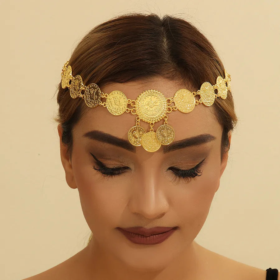 Gold Coin Tassel Hairband With Carved Flowers Middle East Arab Style Wedding Bride Photography Props Fashionable Headwear