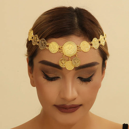 Gold Coin Tassel Hairband With Carved Flowers Middle East Arab Style Wedding Bride Photography Props Fashionable Headwear