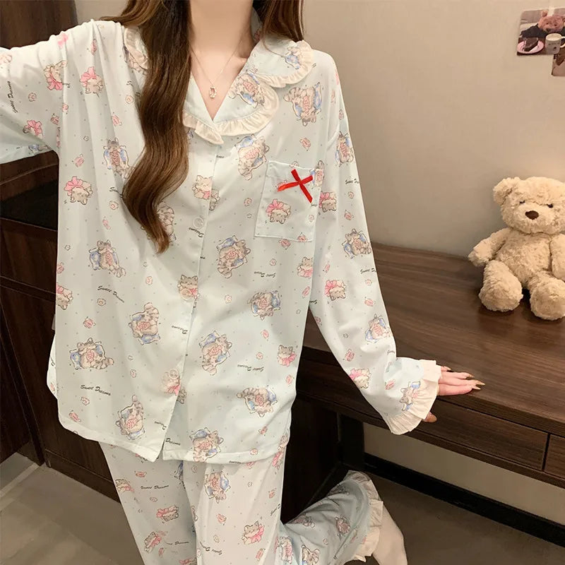 Women's Cotton-Like Sleepwear Long Sleeve Home Clothes Set With Butterfly Knot Spring Autumn Cartoon Style Casual Breathable