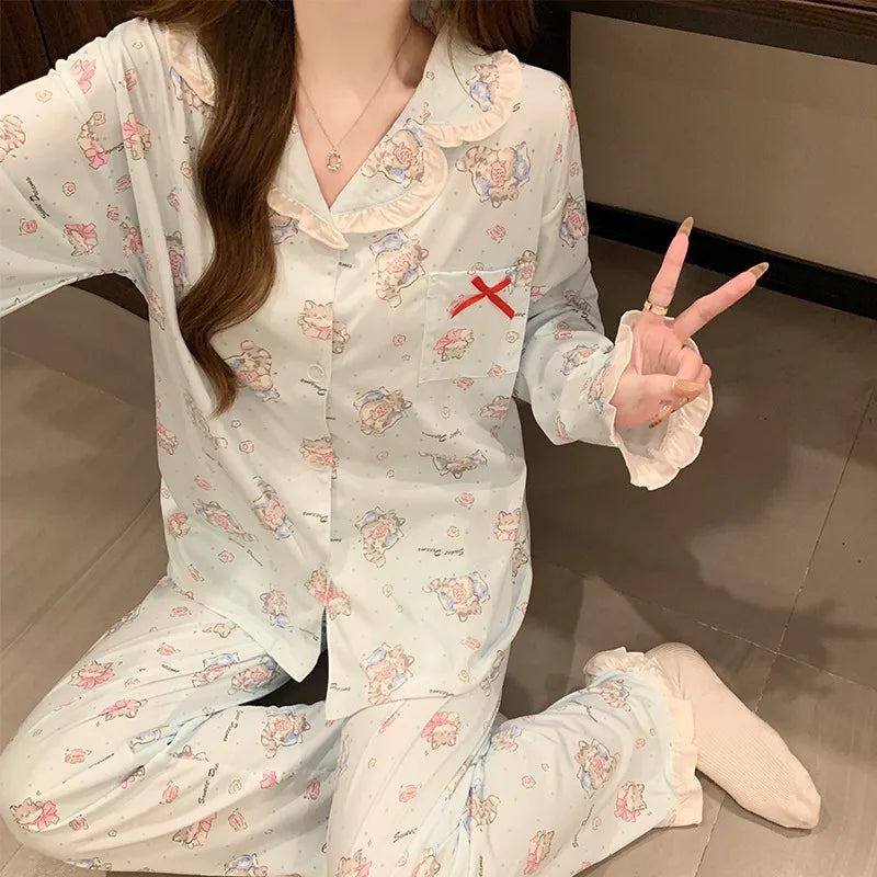 Women's Cotton-Like Sleepwear Long Sleeve Home Clothes Set With Butterfly Knot Spring Autumn Cartoon Style Casual Breathable