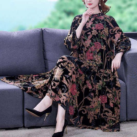 6XL Vintage Korean Gold Velvet Plus Size Dress Spring And Autumn 2021 Women&#39;s Temperament Fashion Burnt Flower Long Dress M769