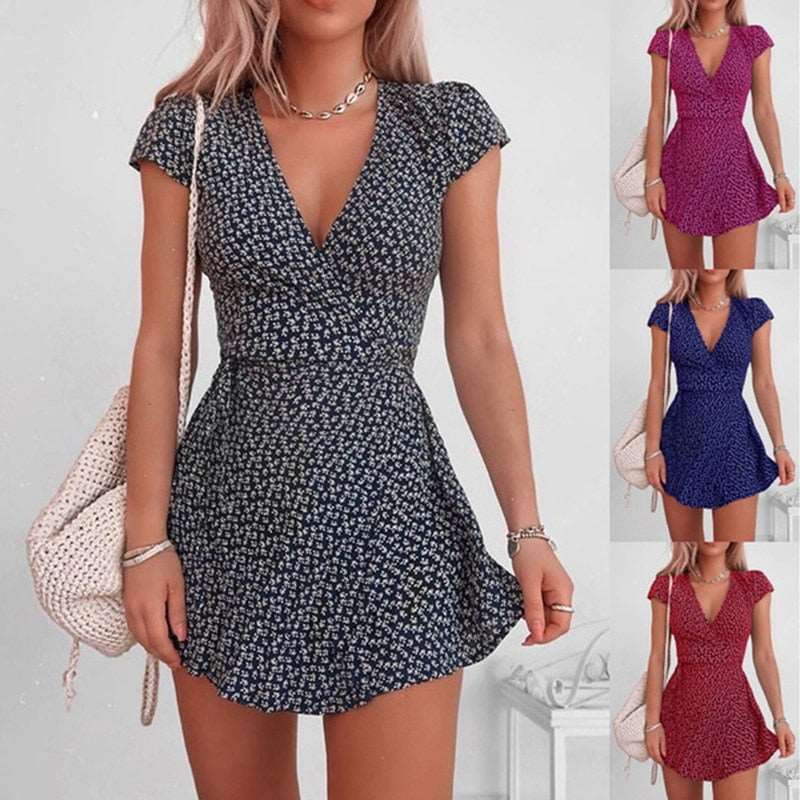 2021 Sexy Dress Women Summer Casual Bohemian V-neck Short Sleeve Floral Printing High Waist Mini Dresses Oversized Ladies Dress