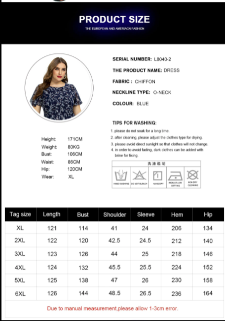 Women’s  Plus Size Print Flower Chiffon Fashion Dress