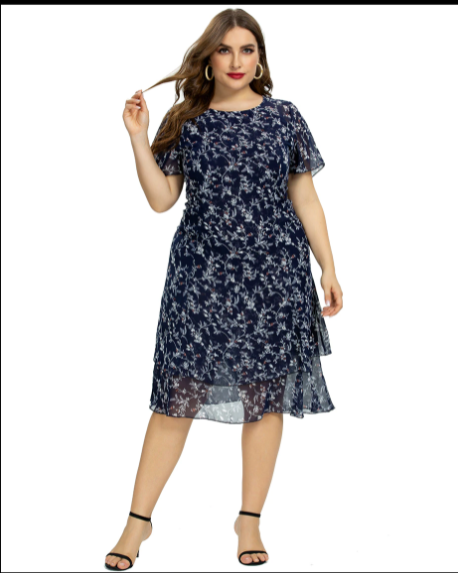 Women’s  Plus Size Print Flower Chiffon Fashion Dress