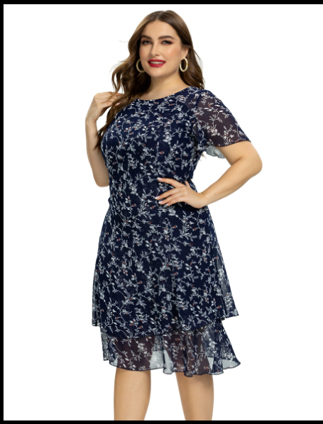 Women’s  Plus Size Print Flower Chiffon Fashion Dress