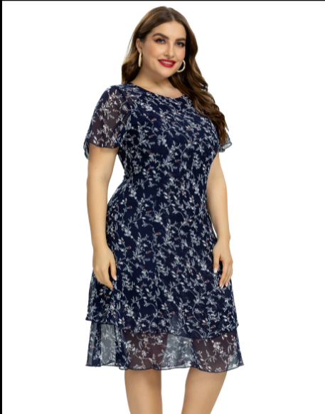 Women’s  Plus Size Print Flower Chiffon Fashion Dress