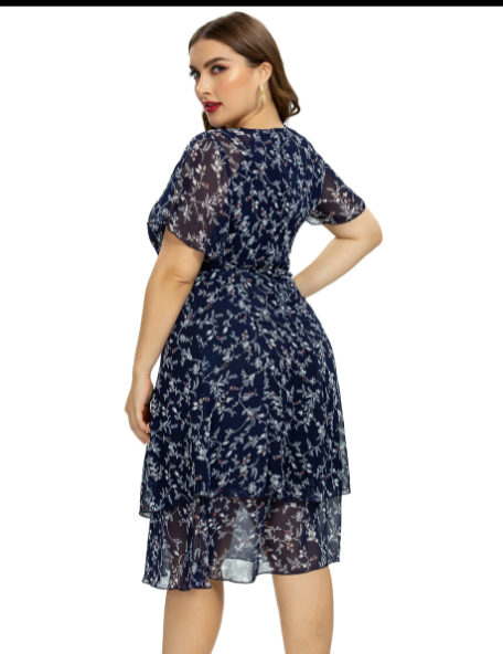 Women’s  Plus Size Print Flower Chiffon Fashion Dress