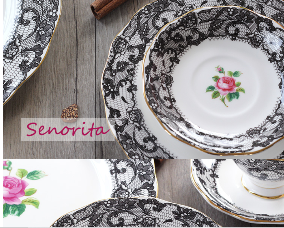 Black Spanish Lace High-grade Bone China Afternoon Tea Bones Porcelain Plate Dessert Plate Dish Ceramic Western Dish Free ship