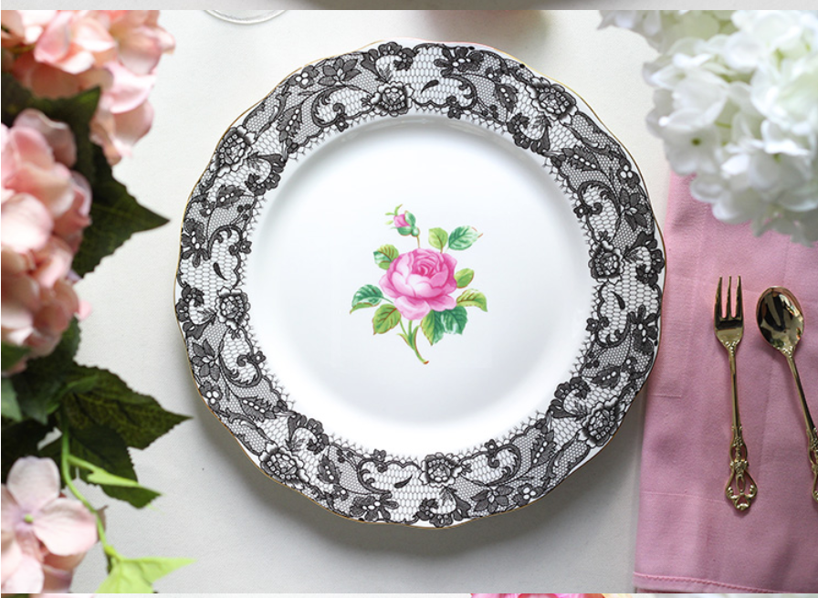 Black Spanish Lace High-grade Bone China Afternoon Tea Bones Porcelain Plate Dessert Plate Dish Ceramic Western Dish Free ship