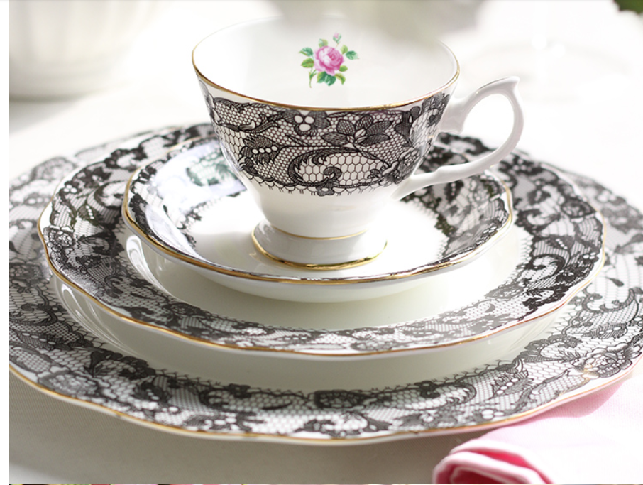 Black Spanish Lace High-grade Bone China Afternoon Tea Bones Porcelain Plate Dessert Plate Dish Ceramic Western Dish Free ship