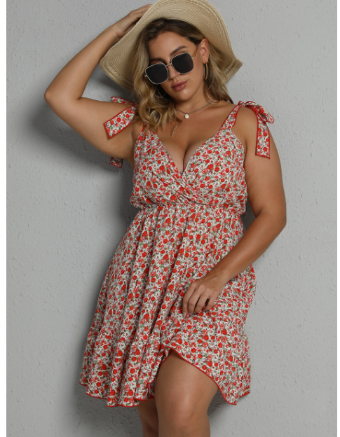 GIBSIE Plus Size Deep V Neck Ditsy Floral Print Knot Shoulder Cami Dress Women Summer Boho Sleeveless Ruffle Hem Short Dresses