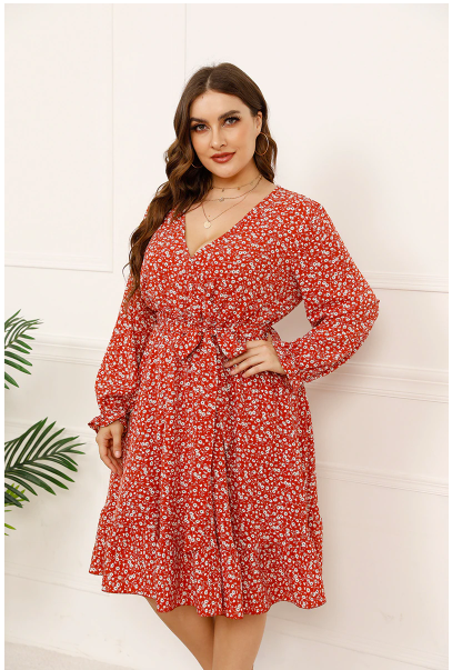 GIBSIE Ditsy Floral Print Ruffle Hem Belted Dress Plus Size xxxl 4xl Women Deep V Neck Long Sleeve Midi Dresses 2021 Autumn New