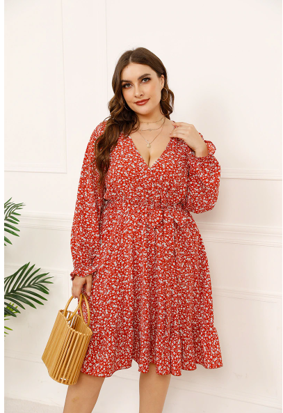 GIBSIE Ditsy Floral Print Ruffle Hem Belted Dress Plus Size xxxl 4xl Women Deep V Neck Long Sleeve Midi Dresses 2021 Autumn New