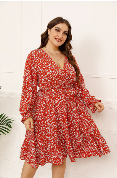 GIBSIE Ditsy Floral Print Ruffle Hem Belted Dress Plus Size xxxl 4xl Women Deep V Neck Long Sleeve Midi Dresses 2021 Autumn New