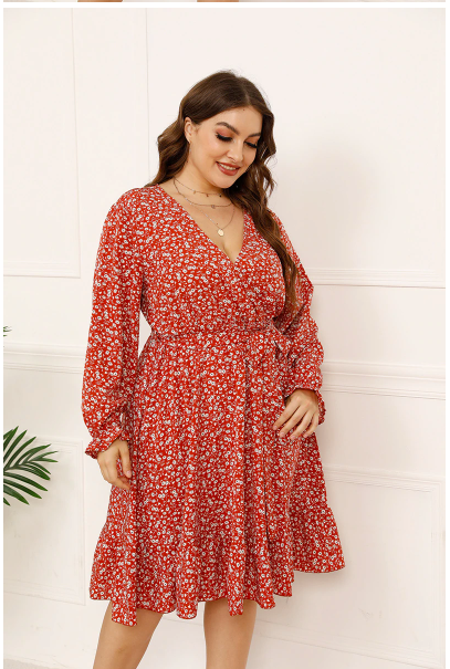 GIBSIE Ditsy Floral Print Ruffle Hem Belted Dress Plus Size xxxl 4xl Women Deep V Neck Long Sleeve Midi Dresses 2021 Autumn New