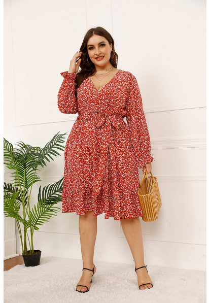 GIBSIE Ditsy Floral Print Ruffle Hem Belted Dress Plus Size xxxl 4xl Women Deep V Neck Long Sleeve Midi Dresses 2021 Autumn New