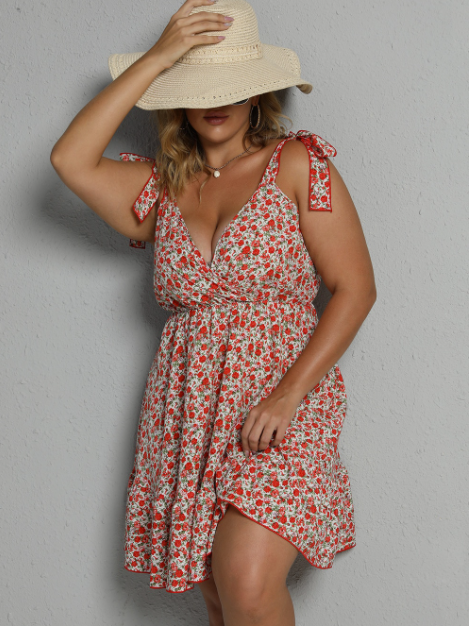 GIBSIE Plus Size Deep V Neck Ditsy Floral Print Knot Shoulder Cami Dress Women Summer Boho Sleeveless Ruffle Hem Short Dresses