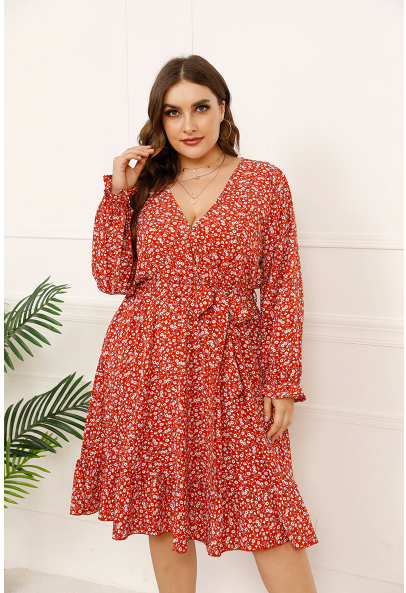 GIBSIE Ditsy Floral Print Ruffle Hem Belted Dress Plus Size xxxl 4xl Women Deep V Neck Long Sleeve Midi Dresses 2021 Autumn New