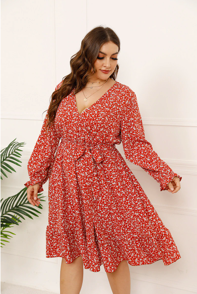 GIBSIE Ditsy Floral Print Ruffle Hem Belted Dress Plus Size xxxl 4xl Women Deep V Neck Long Sleeve Midi Dresses 2021 Autumn New