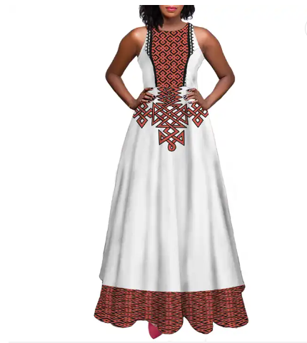 Private own tag label women dresses polyester fabric print on demand ethiopian traditional clothes