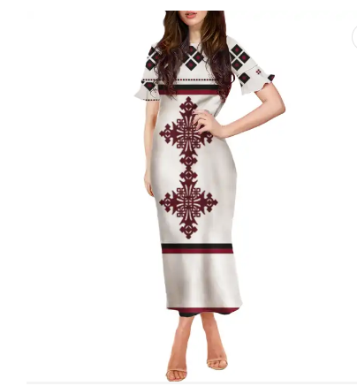 Traditional Ethiopia Habasha Cross Printed Elegant Dress for Women