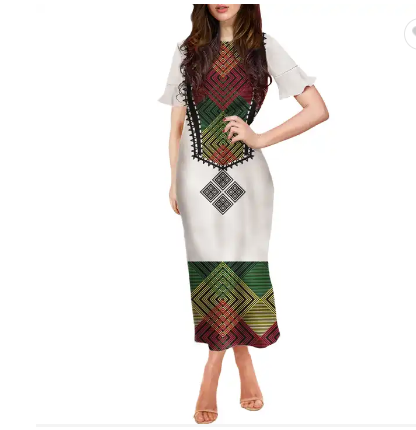 Traditional Ethiopia Habasha Cross Printed Elegant Dress for Women