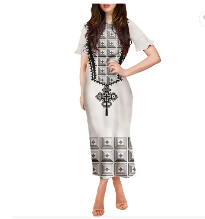 Traditional Ethiopia Habasha Cross Printed Elegant Dress for Women