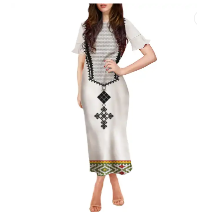 Traditional Ethiopia Habasha Cross Printed Elegant Dress for Women