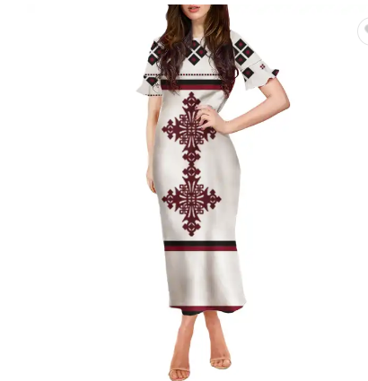 Traditional Ethiopia Habasha Cross Printed Elegant Dress for Women