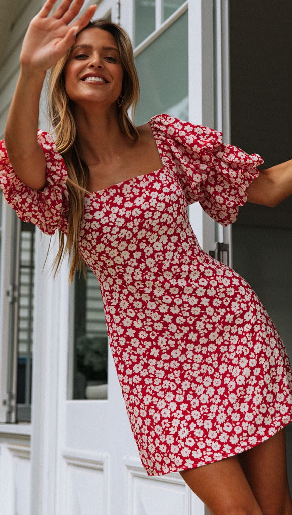 Sexy square collar puff sleeve print dress