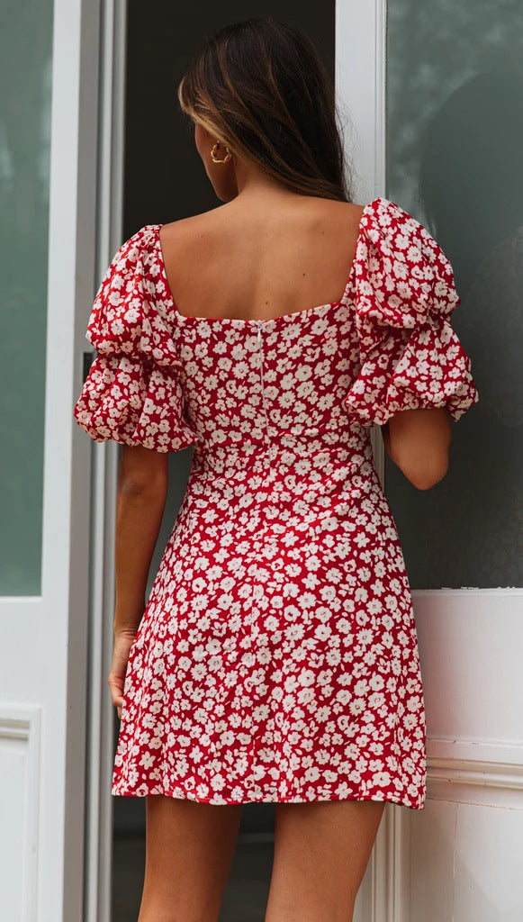 Sexy square collar puff sleeve print dress